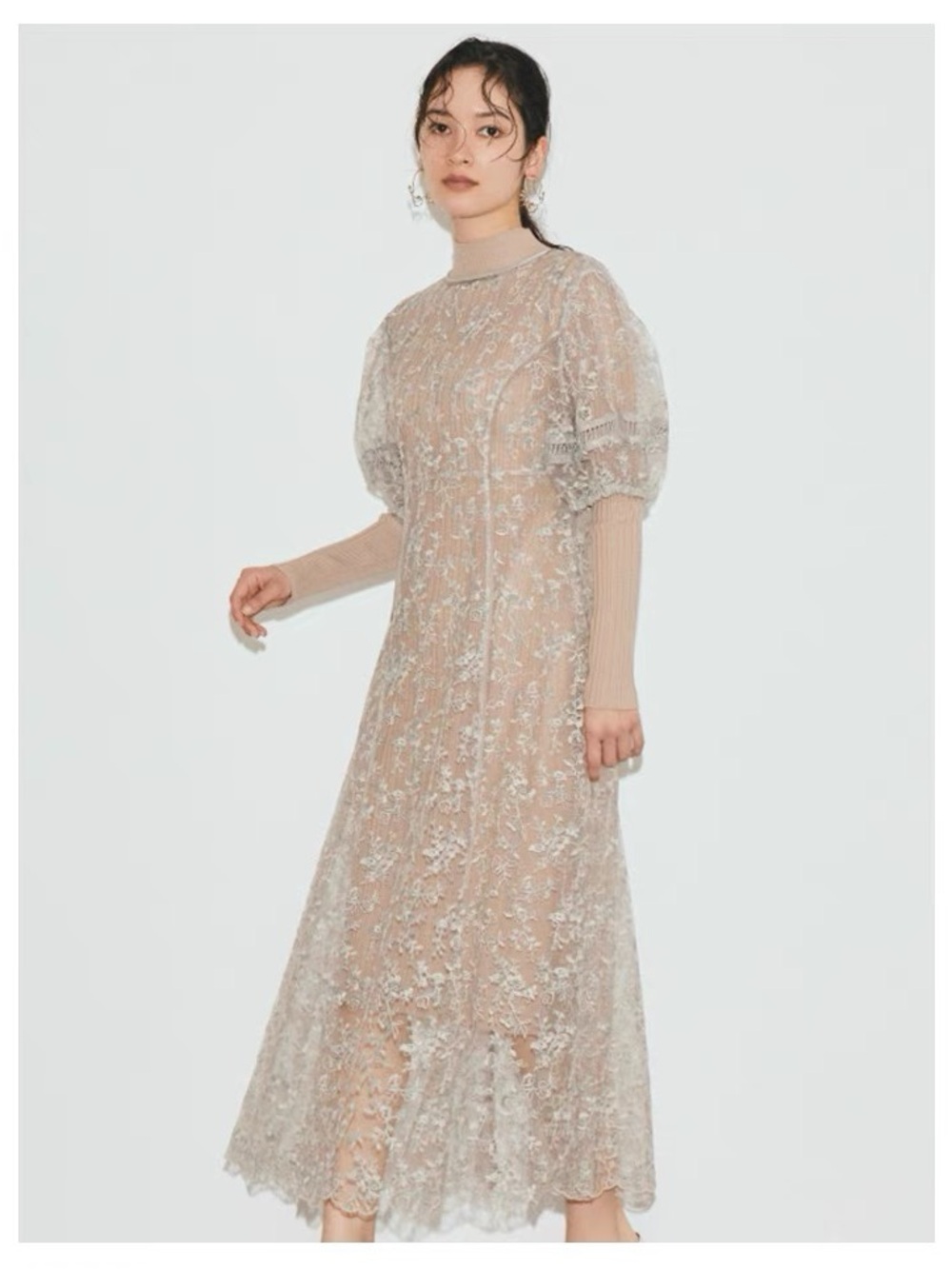 Sheer Lace Midi Dress in Beige Lily Brown Snidel like
